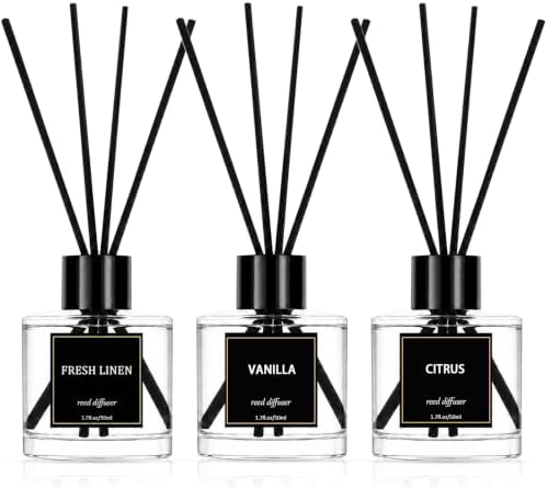 Reed Diffuser Set of 3 Pack,Fresh Linen,Vanilla,Citrus Scented Oil Diffuser with 12 Sticks, Fragrance Reed Diffuser for Home Living Room Bathroom Air Freshener 50mlx3