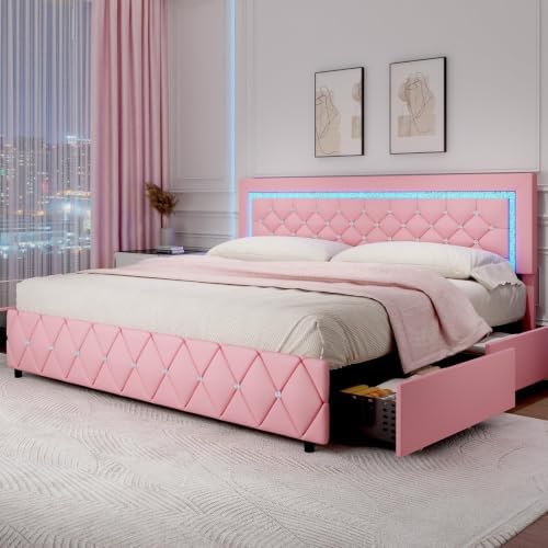 Pink King Size Bed Frame with LED Lights and Diamond Tufted Headboard