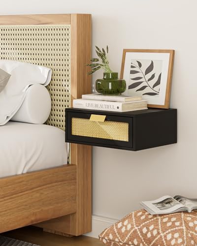 Aienvey Floating Nightstand, Floating Shelf with Drawer, Black Rattan