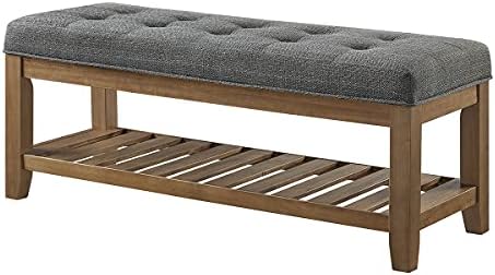 24KF Large Rectangular Upholstered Tufted Linen Fabric Ottoman Bench, Padded Bench with Solid Wood Shelf-Granite