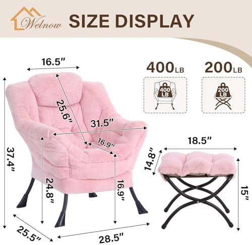 Welnow Lazy Chair with Ottoman, Reading Chair with Footrest, Soft Pink