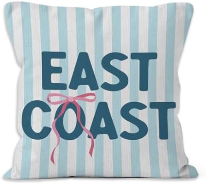 Blue East Coast Beach Throw Pillow Cover 18x18, Pink Bow Preppy Beach Decorative Pillow Covers for Girls Room Dorm Apartment, Coastal Beachy Striped Accent Pillows Cover Pillowcases