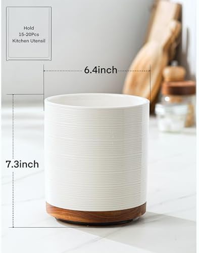 Utensil Holder, 360° Rotating Extra Large Ceramic Kitchen Utensil Holder for Countertop, 7.3“ Cooking Utensil Crocks for Kitchen Counter with Rotatable Wooden Base, Farmhouse Decor, White