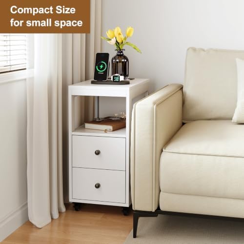 Narrow End Table with Charging Station and Wheels, Movable Narrow End Table with USB Ports and Outlets for Small Space, Living Room, Bedroom and Office, with 4 Wheels (White)