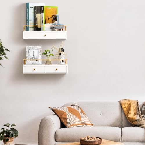 Floating Shelves With Drawers Set of 2, Wall Mounted Storage for Bathroom