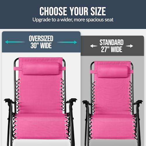 Best Choice Products Set of 2 Extra Wide Adjustable Steel Mesh Zero Gravity Lounge Chair Recliners w/Pillows and Cup Holder Trays - Hot Pink