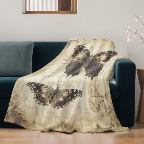 Retro Moth Blanket Lightweight Blankets Gifts for Adults Flannel Throw with Vintage Butterfly and Old Paper Background Printed for Sofa, Bed, Travel, Picnic, Office, Decor Throws 60x50 Inch
