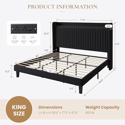 SHA CERLIN King Size Velvet Bed Frame with Shelf, Charging Station, Black