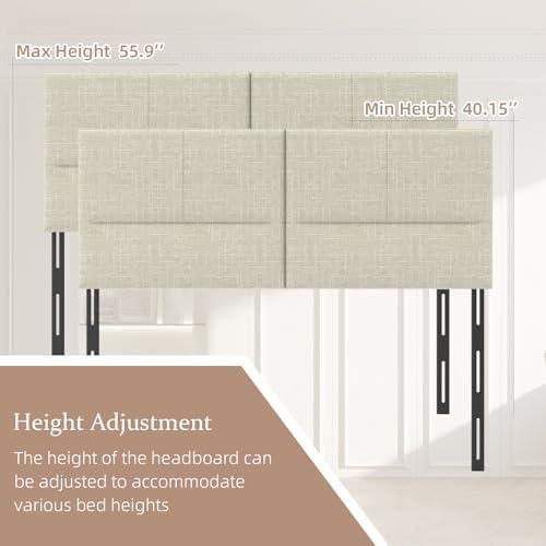 Upholstered Headboard Queen Size, Solid Wood Head Board with Sturdy Metal Legs, Linen Bed Headboard with Height Adjustable, Oatmeal
