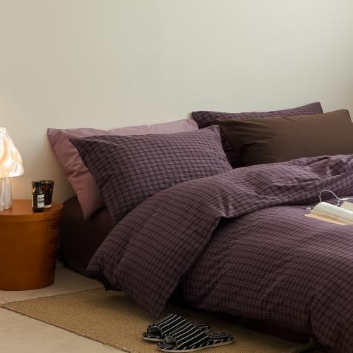mixinni Vintage Burgundy Grid Duvet Cover Set Full Size - 3 Piece Washed Cotton Bedding Set, Retro Buffalo Plaid Duvet Cover with Pillowcases, Mid Century Modern Bedding for All Seasons