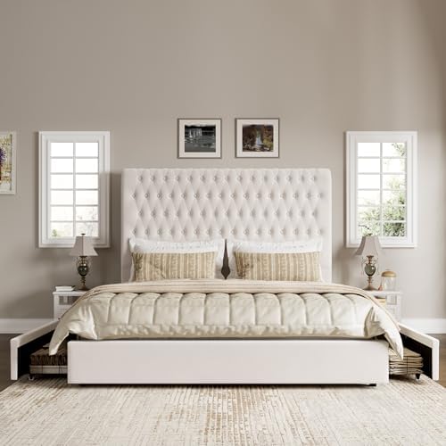 King Size Bed Frame 54" Tall Headboard with Gorgeous Button Tufted and Nail, Velvet Fabric Upholstered Bed Frame includes 4 Under-bed Storage Drawers, Wooden Slats, Noise-Free, Easy Assembly, Beige