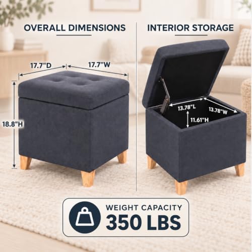 Adeco Storage Ottoman Bench with Hidden Storage, Dark Grey Cotton Linen Upholstered Tufted Footstool with Solid Wood Legs and Hinged Lid, 17.7" Square Cube for Living Room, Bedroom, Entryway