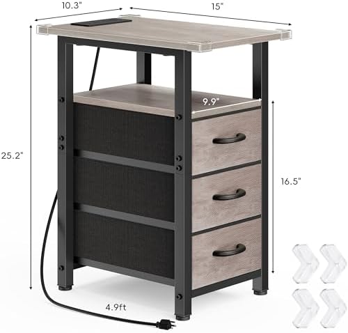Vagusicc Night Stand with Charging Station, Narrow Nightstand with U-S-B Ports and Outlets, End Table with 3 Fabric Storage Drawers, Small Bedside Table, Greige