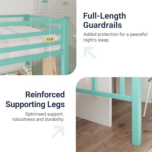 Allewie Metal Loft Bed Twin Size with Guardrail and Ladder,Green