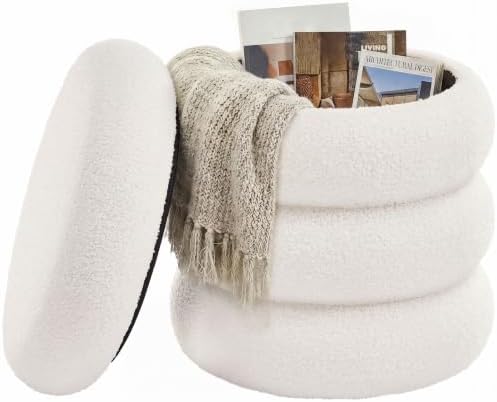 SONGMICS Round Ottoman with Storage, Vanity Stool, Teddy Fleece