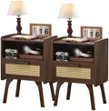 Lerliuo Rattan Nightstands Set of 2, Bedside Table with Drawer Open Shelf