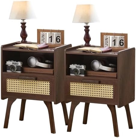 Lerliuo Rattan Nightstands Set of 2, Bedside Table with Drawer Open Shelf