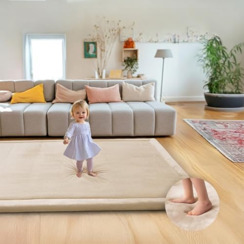 Mallify Ultra Soft 1.3" Thick Baby Play Mat for Floor, Large Velvet 71"x59" Playpen Mat, Baby-Safe & Non-Slip Tummy Time Mat, Crawling Mat for Babies, Toddlers, Infants, Kids, Easy Care,Beige