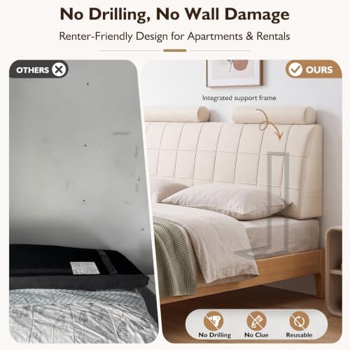 Full Headboard with 2 Headrests, Memory Foam Upholstered Headboard