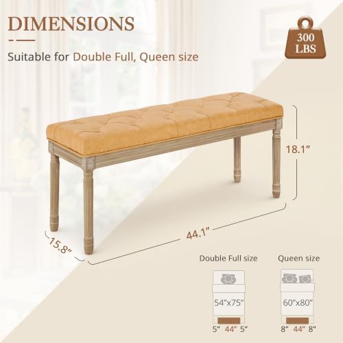 LUE BONA 44" Leather End of Bed Bench, Upholstered Tufted French Bedroom Bench with Carved Wood Legs for Bedroom End of King Size Bed, Living Room, Honey Tan
