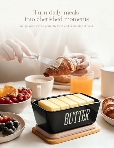Ceramic Butter Dish with Lid and Knife & Silicone Seal for Countertop Black