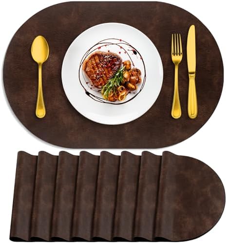 ADRIMER Oval Placemats Set of 8, Wipeable Faux Leather, Coffee