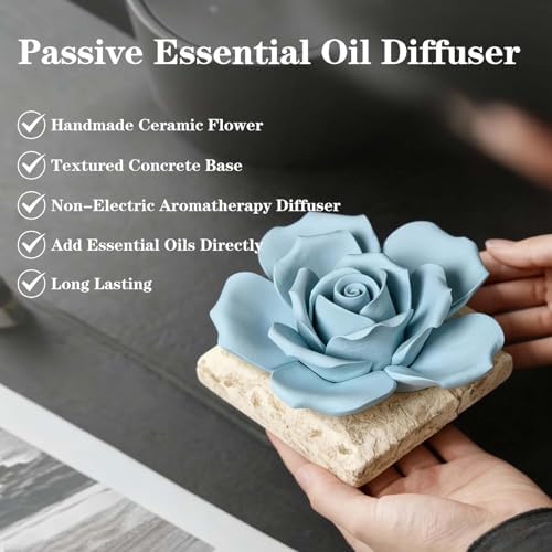 Ceramic Passive Essential Oil Diffuser, Aesthetic Desktop Handmade Flower & Concrete Base, Porcelain Aromatherapy Oils Diffuser for Home, Office, Yoga, Spa Room (Blue Rose)