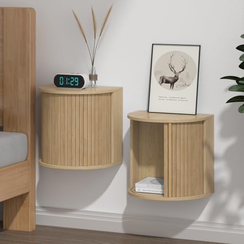 Floating Nightstand Set of 2 with Sliding Roller Shutter Doors,Wood