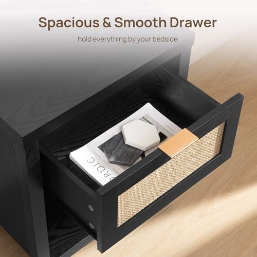SICOTAS Black Rattan Nightstand Farmhouse Night Stands with Drawer