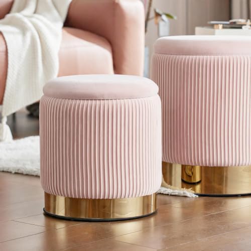 Round Ottoman with Storage Set of 2 Pink Velvet Vanity Stool