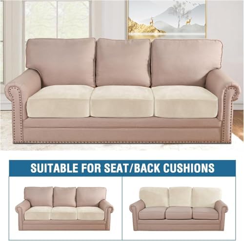 H.VERSAILTEX Velvet Stretch Couch Cushion Cover Plush Cushion Slipcover for Chair Loveseat Sofa Cushion Furniture Protector Seat Cushion Sofa Cover (3 Piece XL Sofa Cushion Covers, Butter Cream)