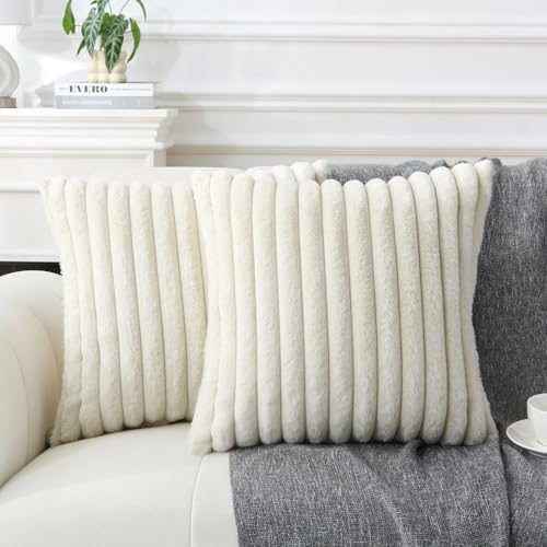Decorative Throw Pillow with Inserts, Set of 2 Soft Faux Fur Throw Pillows, Square Boho Striped Pillow for Couch, Bed, Sofa Decor(Beige, 16" x 16")