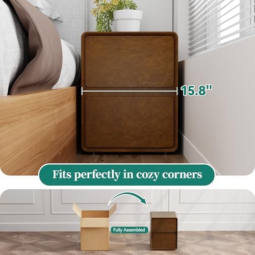 15.8" W Faux Leather Narrow Nightstand, Modern Fully-Assembled Bedside Table with 2 Drawers, Wood Night Stand Small Accent End Table & Side Table for Bedroom, Brown