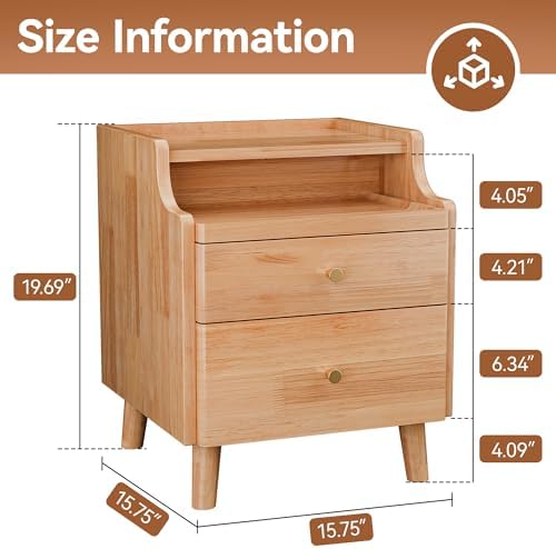 Nightstand with Drawers, Pre-Assembled, 19.7" H Natural Solid Wood Night Stand with Open Sliding Shelf, Mid Century Modern Small Bedside Table Cabinet for Bedroom, Natural Oak 16"