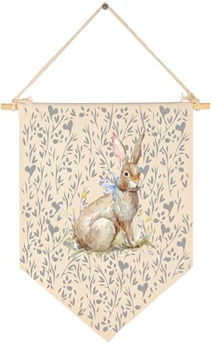 Cute Bunny Woodland-Baby Gift Shower-Wall Flag Decor Gift for Baby Girls Kids-Canvas Hanging Flag Banner Pennant Wall Decor Gift for Nursery Baby Room Playroom Bedroom