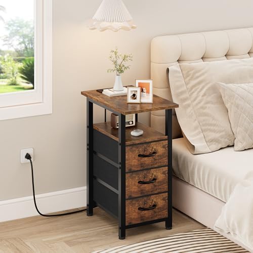 Vagusicc End Table with Charging Station, Narrow Side Table, Narrow Nightstand with 3 Fabric Drawers, Slim Sofa Side Table for Small Spaces, Small Night Stand for Bedroom, Rustic Brown
