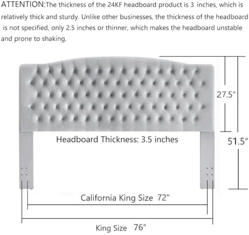 24KF Upholstered Tufted Button Velvet Headboard,Comfortable Fashional Headboard King/CA King Size,Gray