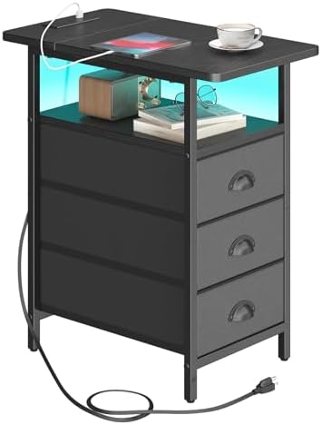 sthmec End Table with Charging Station,LED Side Tables with USB Ports and Outlets,Narrow Nightstands Bedside Tables with 3 Drawers PU Finish for Small Space,Slim Sofa Table for Livingroom,Black