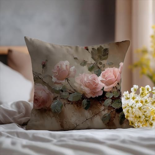 Vintage Moody Pink Rose Floral Pillow Cover 18x18 Double-Sided, French Country Farmhouse Pink Flower Throw Pillow Cover Case for Home Bedroom Living Room