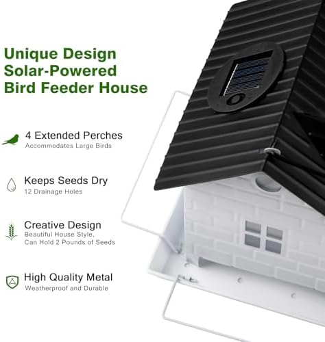 Solar Bird Feeder for Outdoors Hanging, Squirrel Proof Bird Feeders, Metal Solar Bird Feeder House, Wild Bird Feeders for Finch Cardinal Chickadee, Large Capacity, Durable & Weatherproof