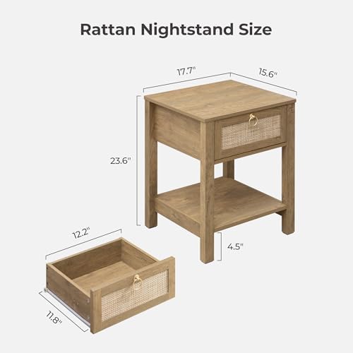 SICOTAS Rattan Nightstand Set of 2 with Storage Shelf, Boho Bedside Tables