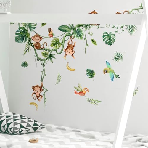 Monkey Climbing Tree Wall Decals Jungle Leaves Birds Wall Stickers