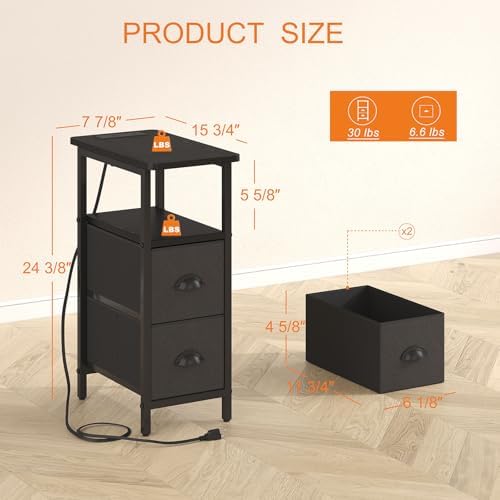 sthmec Narrow End Table with Charging Station, Narrow Side Table with 2 Fabric Drawers, Slim Nightstand, Skinny Bedside Table, Small Side Table for Small Spaces, Living Room, Bedroom, Black