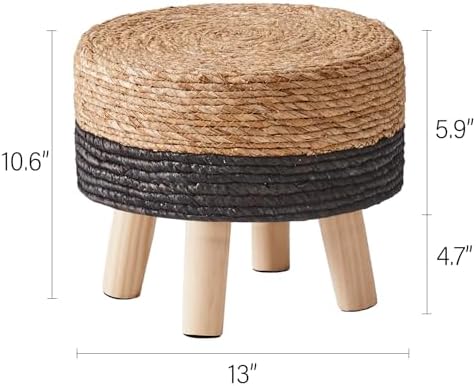 Cpintltr Ottoman Natural Seagrass Footrest Poufs Hand Weave Round Foot Stool for Couch Desk Soft Step Stool Padded Foot Rest with Pine Legs for Living Room Bedroom Natural/Black