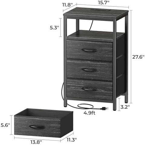 Huuger Nightstand with Charging Station, 27.6 Inch Bedside Table,Side Table