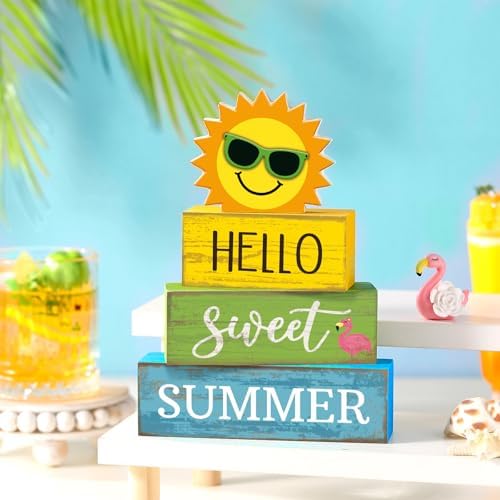 Yuntau 4 Pcs Summer Tiered Tray Decor Hello Sweet Summer Wood Block Signs