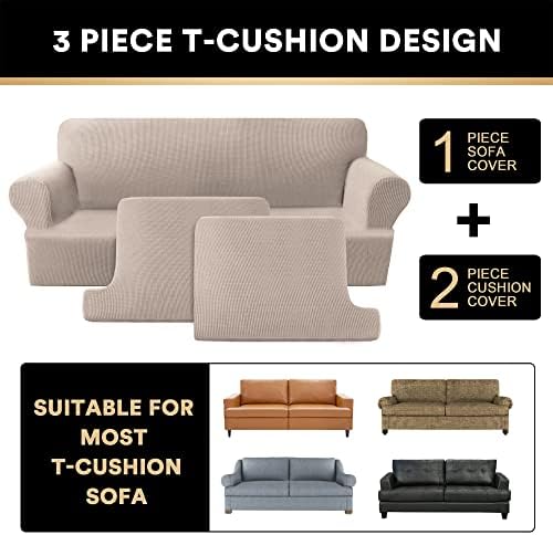 PrinceDeco T Cushion Loveseat Slipcover 3 Pieces Sofa Covers for T Cushion Sofa Stretch Slip Covers for 2 Cushion Couch with 2 Individual T Shape Seat Covers Width Up to 76" - Washable, Sand