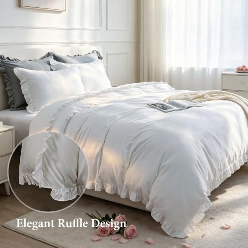 Simple&Opulence Kids 100% Organic Cotton Duvet Cover with Ruffle 68 x 86-2 PCS High End Floral Frill Lace Bedding, Romantic Cottagecore Style Comforter Cover with 1 Pillowcase, White Twin