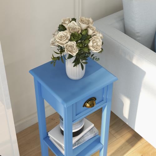 HOMCOM Narrow End Table with Drawer and Bottom Shelf Set of 1 Light Blue