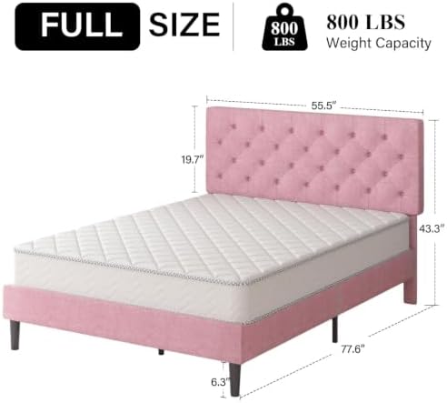 HOMBCK Full Bed Frame with Adjustable Headboard, Pink